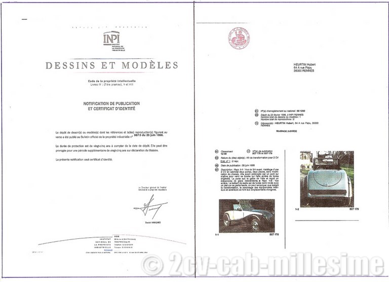 le brevet déposé à l'INPI de la 2 cv cabriolet millesime